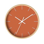 Boho rust orange silent wall clock, wooden base, white hands, light grey markers, 10 inch, front view.