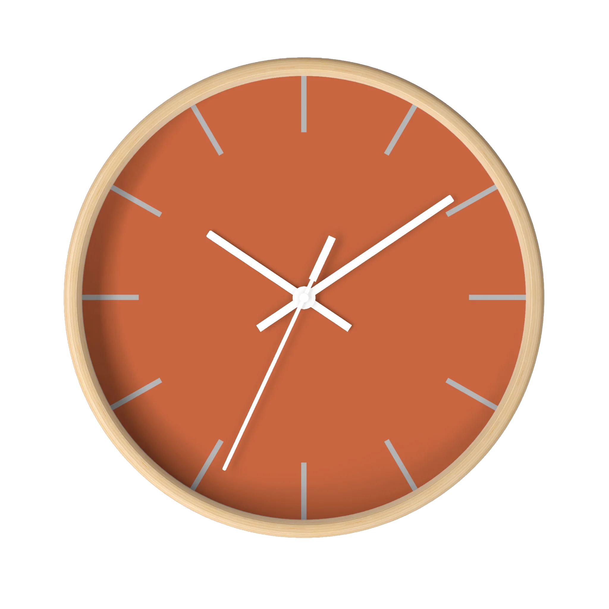 Boho rust orange silent wall clock, wooden base, white hands, light grey markers, 10 inch, front view.