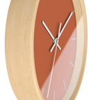Boho rust orange silent wall clock, wooden base, white hands, light grey markers, 10 inch, side view.