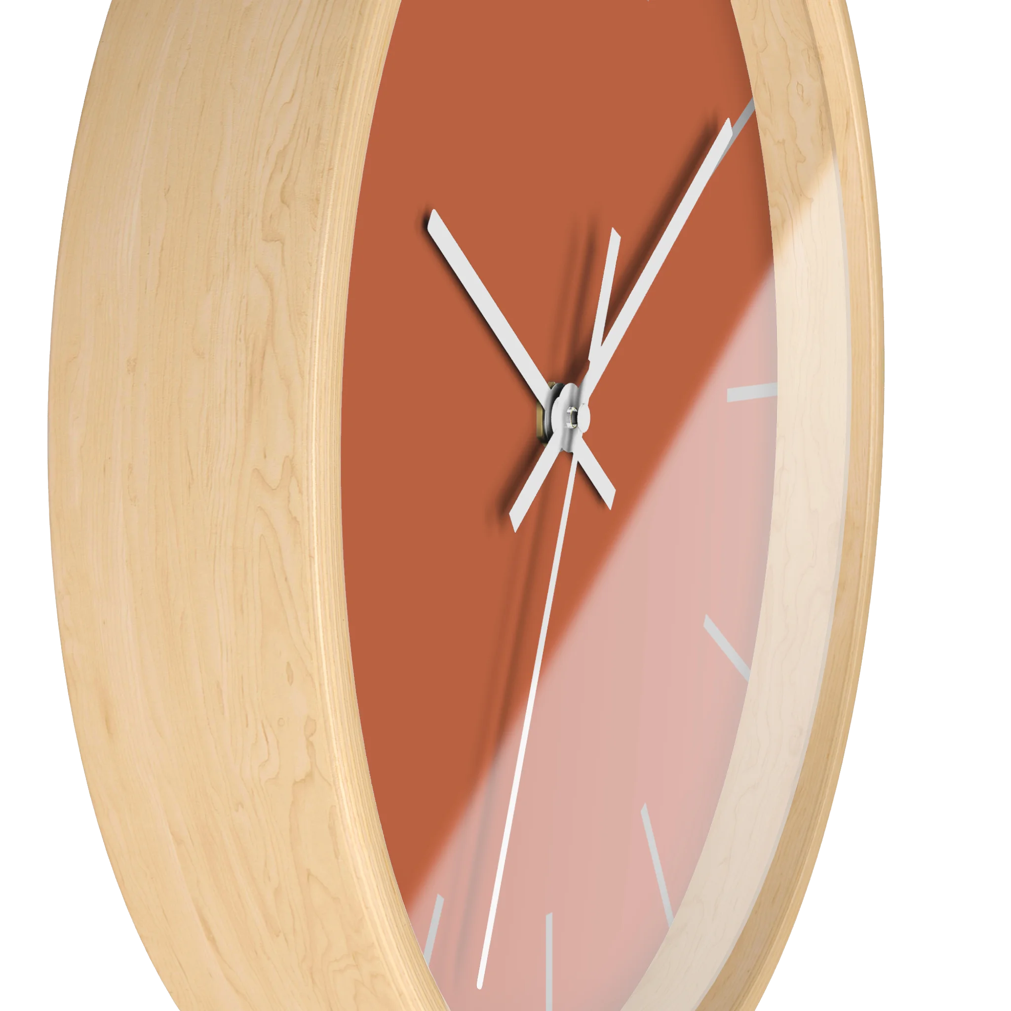 Boho rust orange silent wall clock, wooden base, white hands, light grey markers, 10 inch, side view.