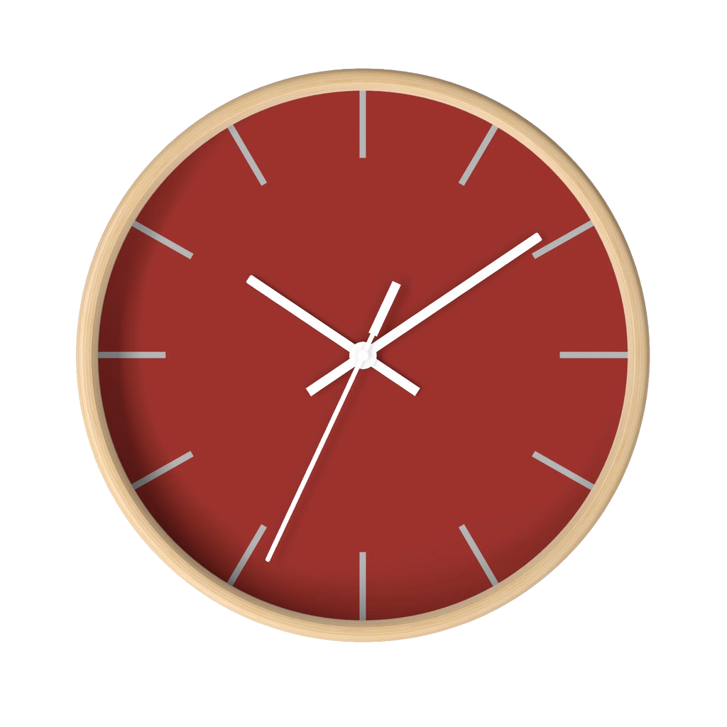 Brownish red silent wall clock, wooden base, white hands, light grey markers, 10 inch, front view.