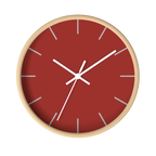 Brownish red silent wall clock, wooden base, white hands, light grey markers, 10 inch, front view.
