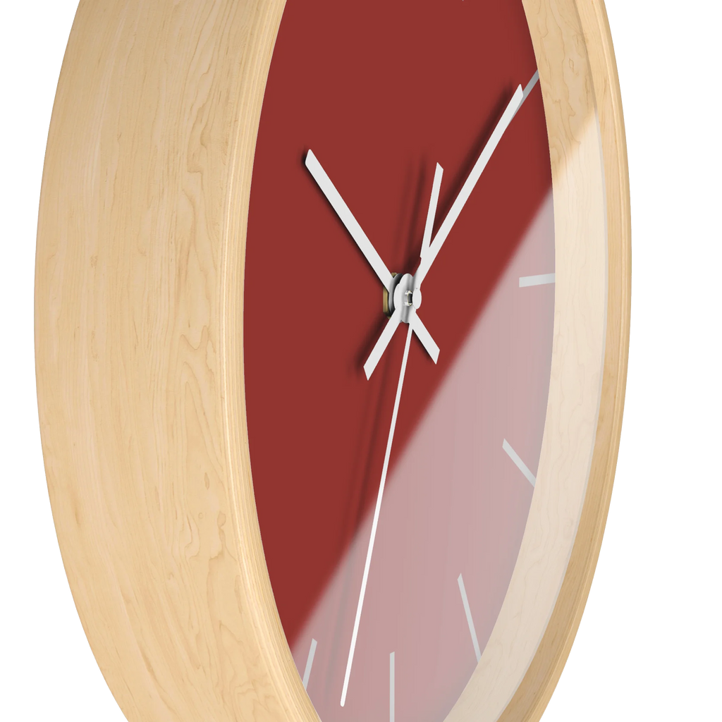 Brownish red silent wall clock, wooden base, black hands, light grey markers, 10 inch, side view.