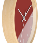 Brownish red silent wall clock, wooden base, black hands, light grey markers, 10 inch, side view.