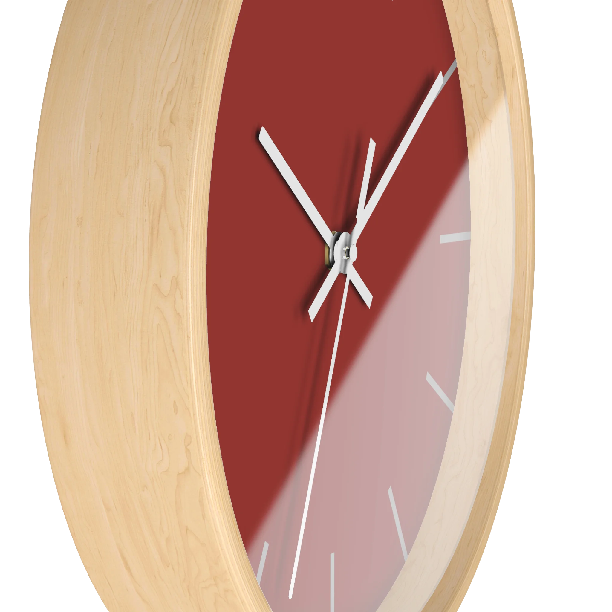 Brownish red silent wall clock, wooden base, black hands, light grey markers, 10 inch, side view.