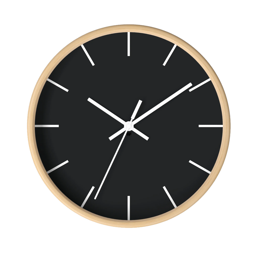 Carbon fiber black silent wall clock, wooden base, white hands, white markers, 10 inch, front view.