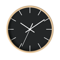 Carbon fiber black silent wall clock, wooden base, white hands, white markers, 10 inch, front view.