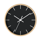 Carbon fiber black silent wall clock, wooden base, white hands, white markers, 10 inch, front view.