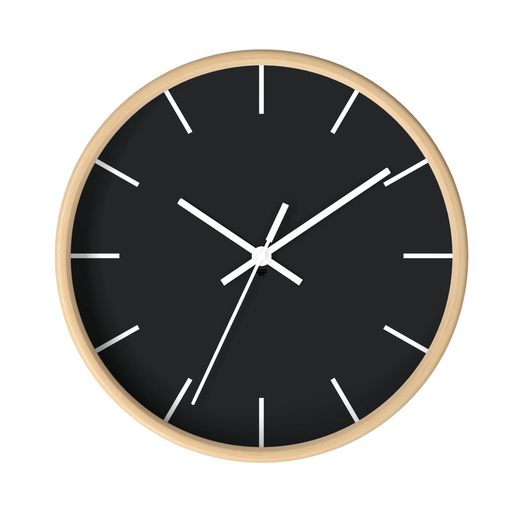 Carbon fiber black silent wall clock, wooden base, white hands, white markers, 10 inch, front view.