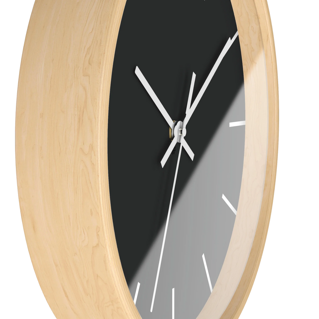 Carbon fiber black silent wall clock, wooden base, white hands, white markers, 10 inch, side view.