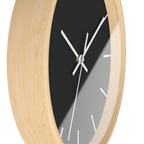 Carbon fiber black silent wall clock, wooden base, white hands, white markers, 10 inch, side view.