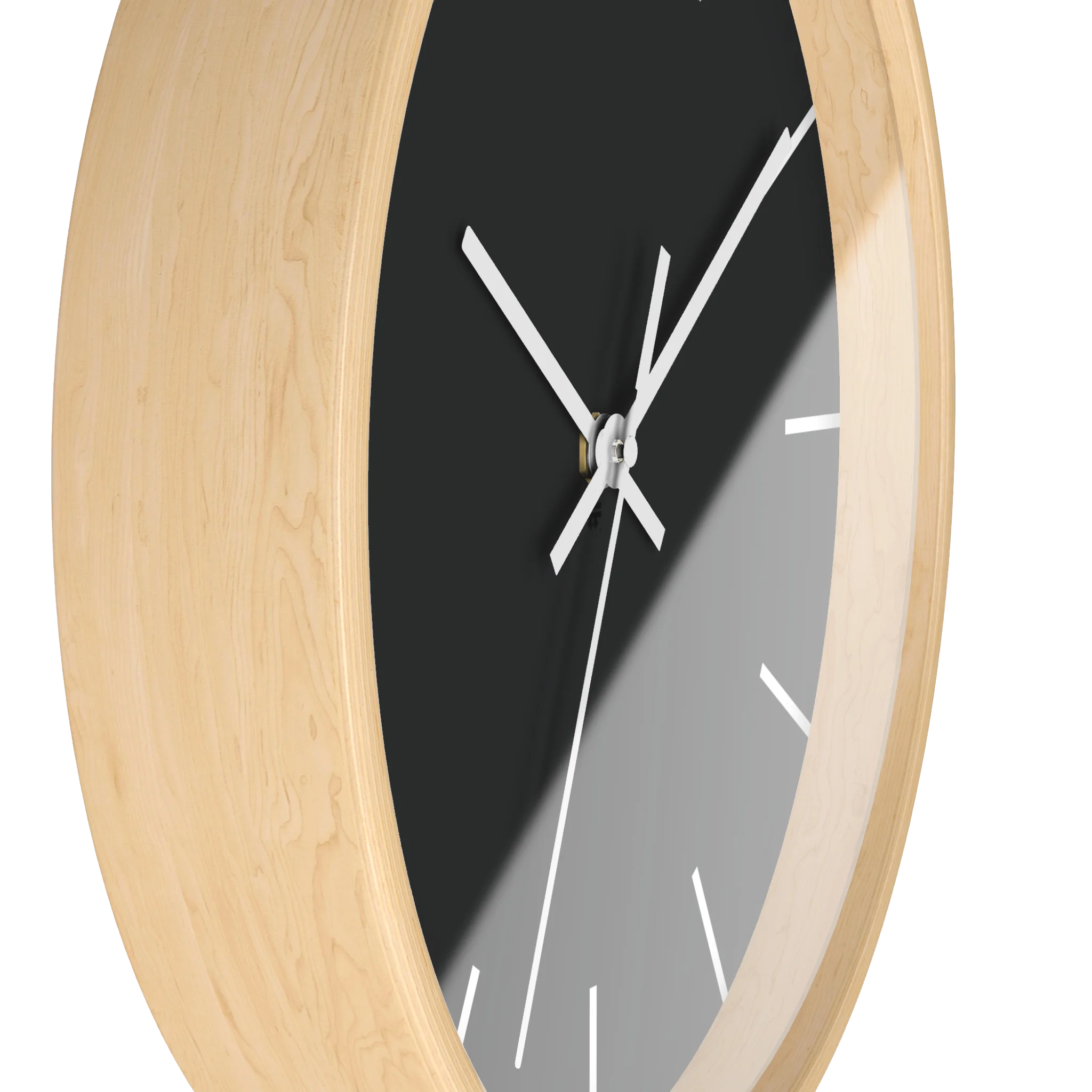 Carbon fiber black silent wall clock, wooden base, white hands, white markers, 10 inch, side view.