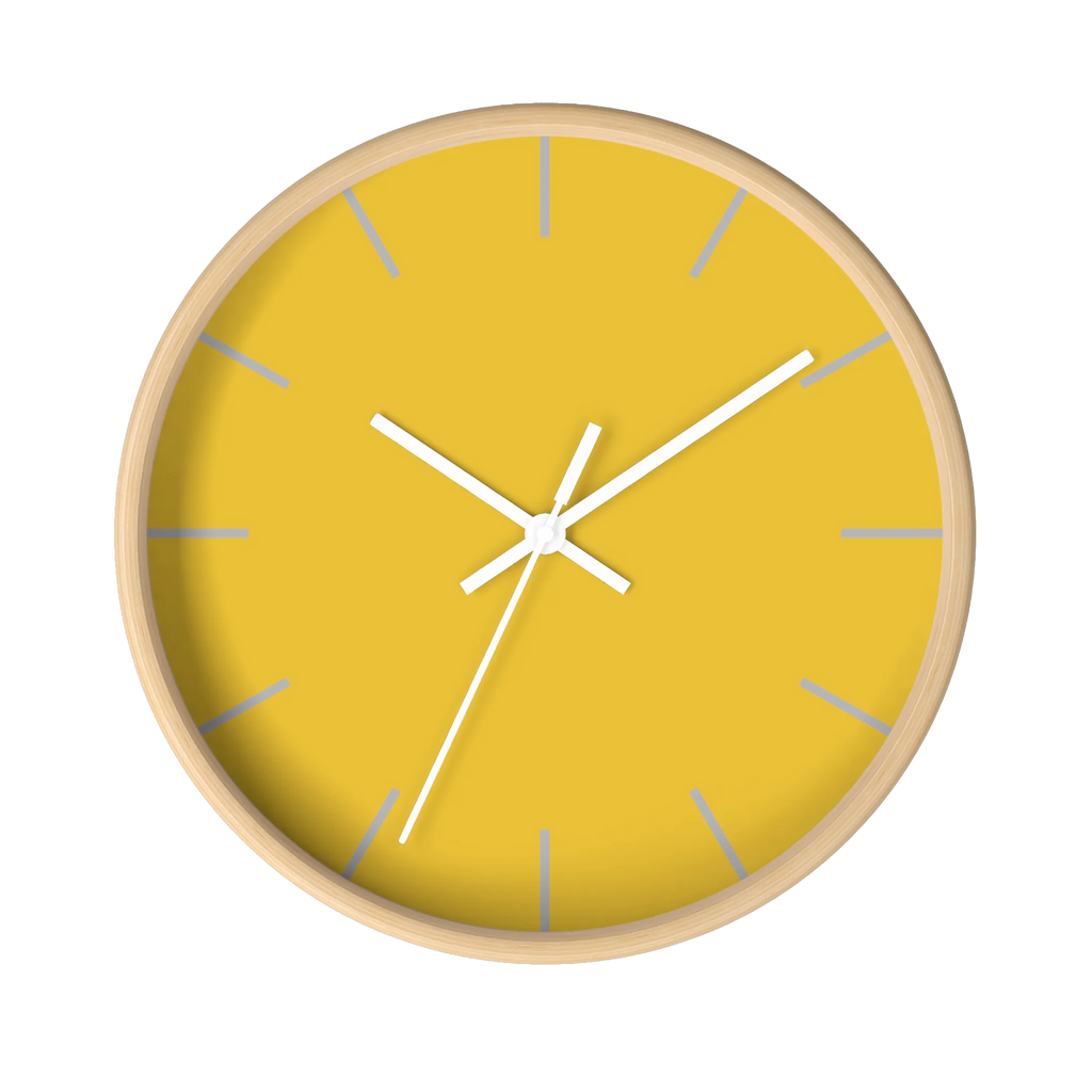 Champ yellow silent wall clock, wooden base, white hands, light grey markers, 10 inch, front view.