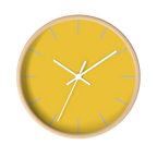 Champ yellow silent wall clock, wooden base, white hands, light grey markers, 10 inch, front view.