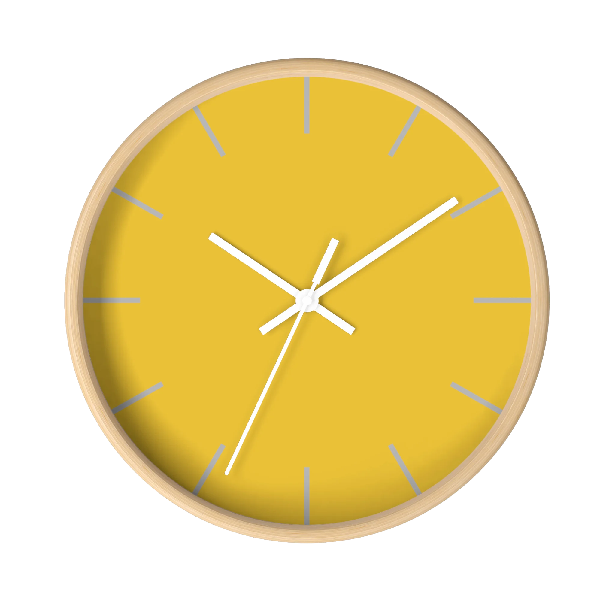 Champ yellow silent wall clock, wooden base, white hands, light grey markers, 10 inch, front view.