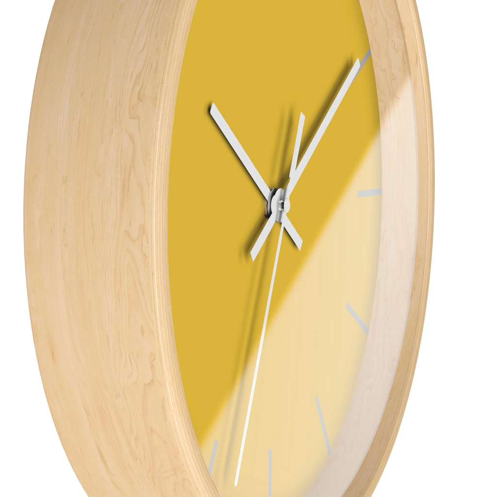 Champ yellow silent wall clock, wooden base, white hands, light grey markers, 10 inch, side view.