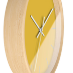 Champ yellow silent wall clock, wooden base, white hands, light grey markers, 10 inch, side view.