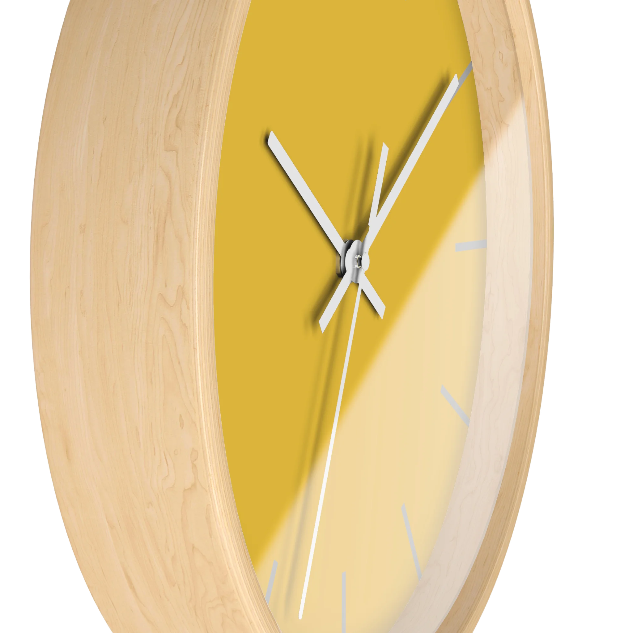 Champ yellow silent wall clock, wooden base, white hands, light grey markers, 10 inch, side view.