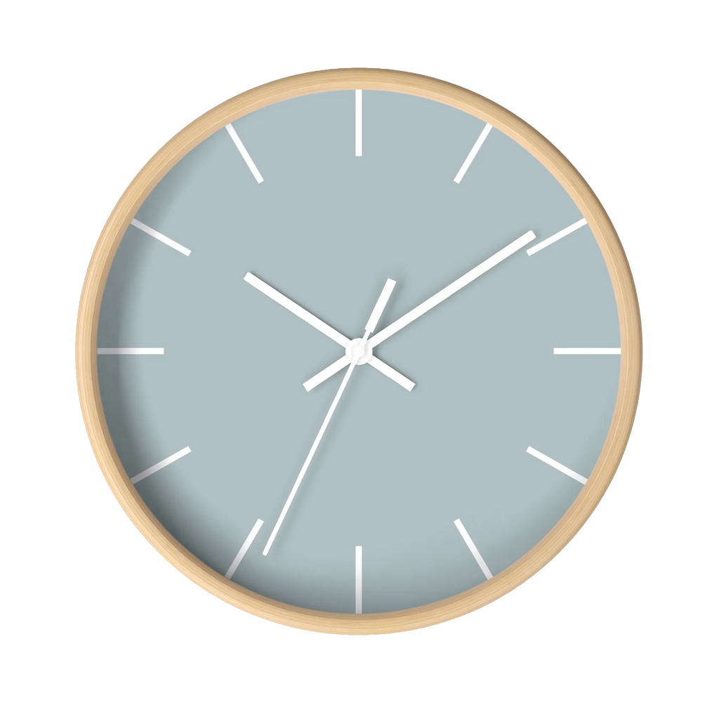Cool silver silent wall clock, wooden base, white hands, white markers, 10 inch, front view.