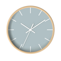 Cool silver silent wall clock, wooden base, white hands, white markers, 10 inch, front view.