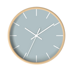 Cool silver silent wall clock, wooden base, white hands, white markers, 10 inch, front view.