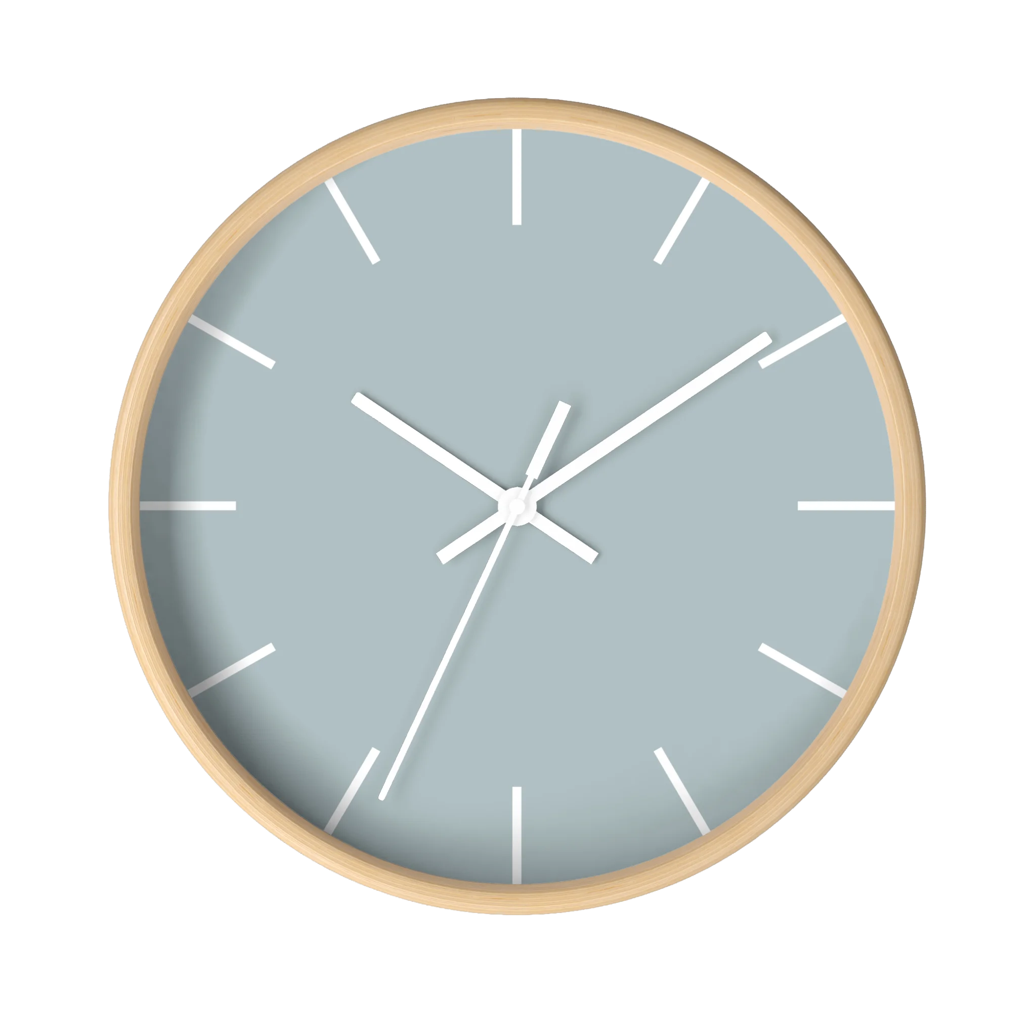 Cool silver silent wall clock, wooden base, white hands, white markers, 10 inch, front view.