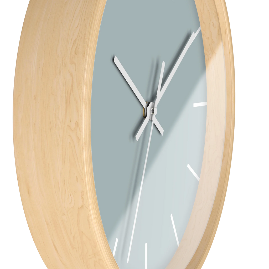 Cool silver silent wall clock, wooden base, white hands, white markers, 10 inch, side view.