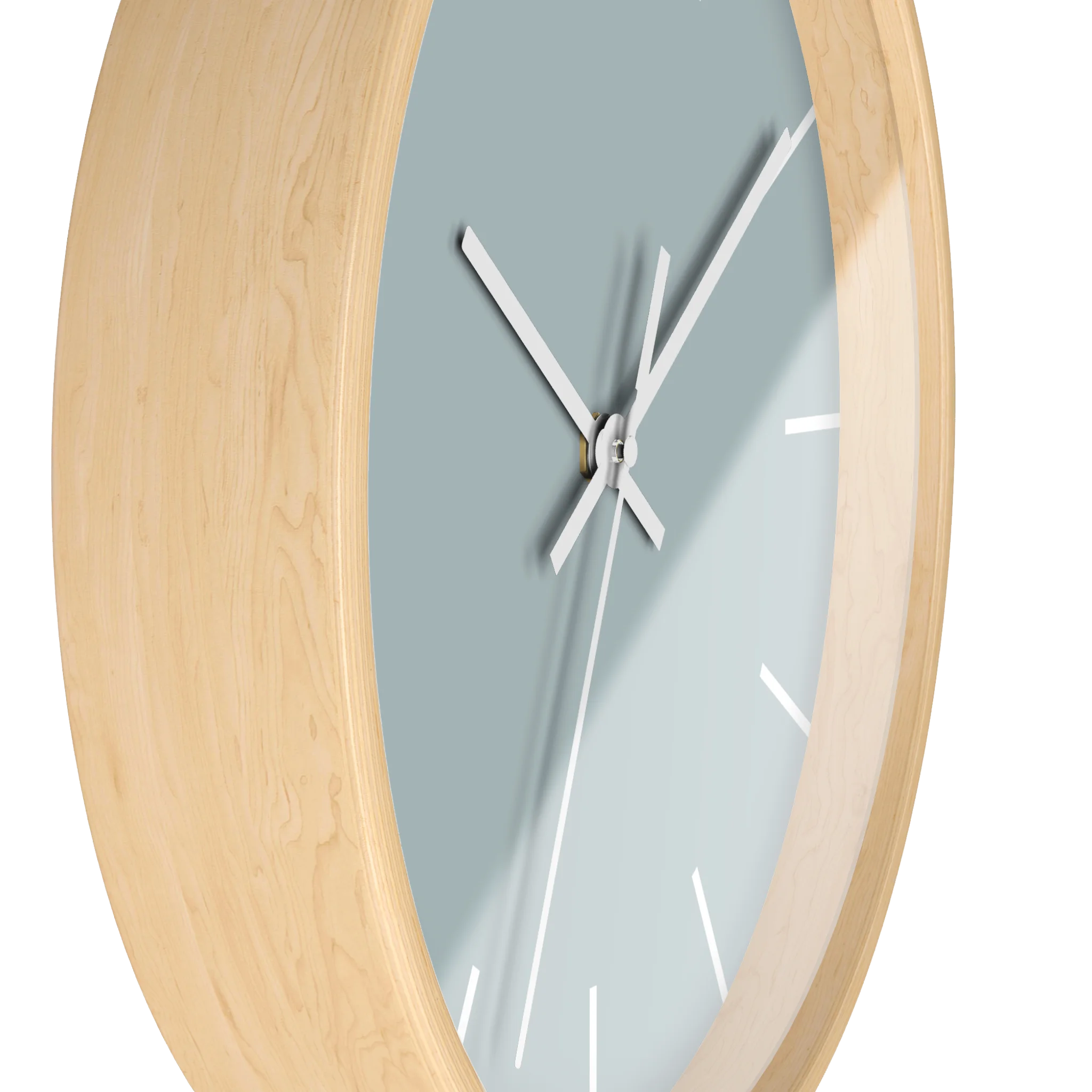 Cool silver silent wall clock, wooden base, white hands, white markers, 10 inch, side view.
