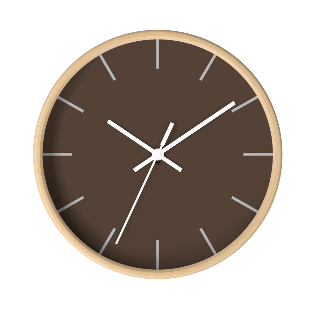 Country brown silent wall clock, wooden base, white hands, off white markers, 10 inch, front view.
