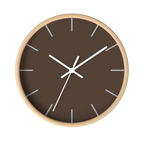 Country brown silent wall clock, wooden base, white hands, off white markers, 10 inch, front view.