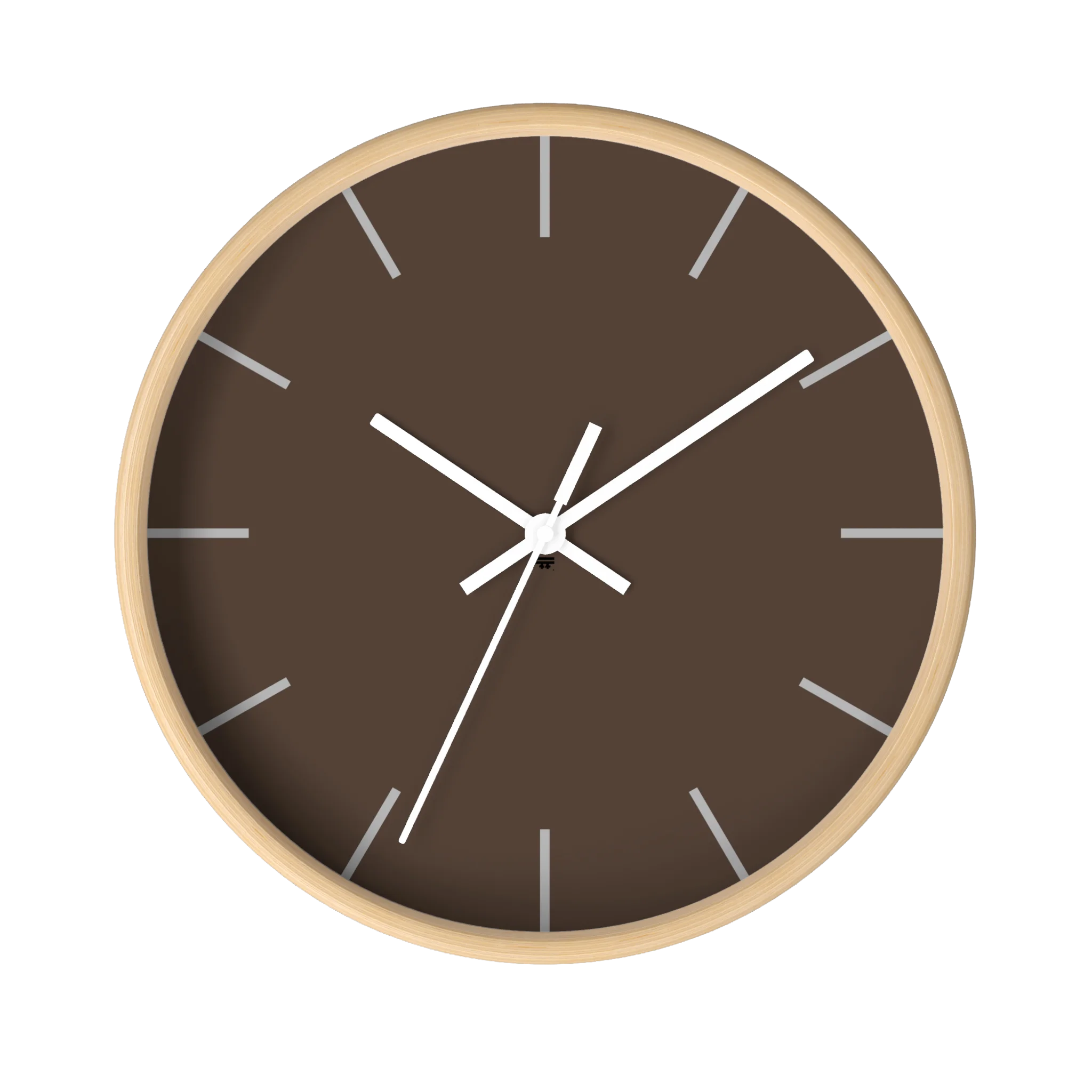 Country brown silent wall clock, wooden base, white hands, off white markers, 10 inch, front view.
