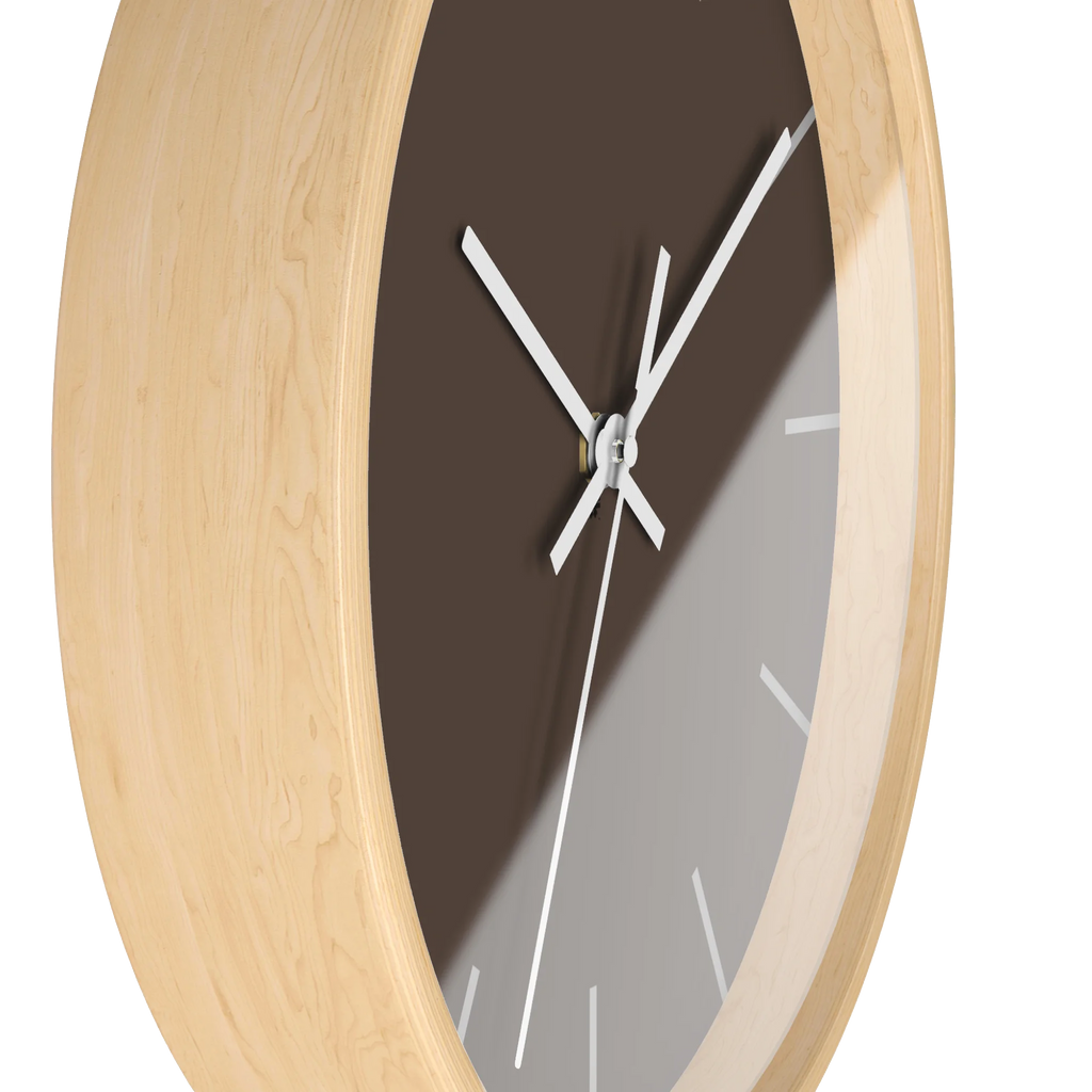 Country brown silent wall clock, wooden base, white hands, off white markers, 10 inch, side view.