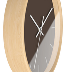 Country brown silent wall clock, wooden base, white hands, off white markers, 10 inch, side view.