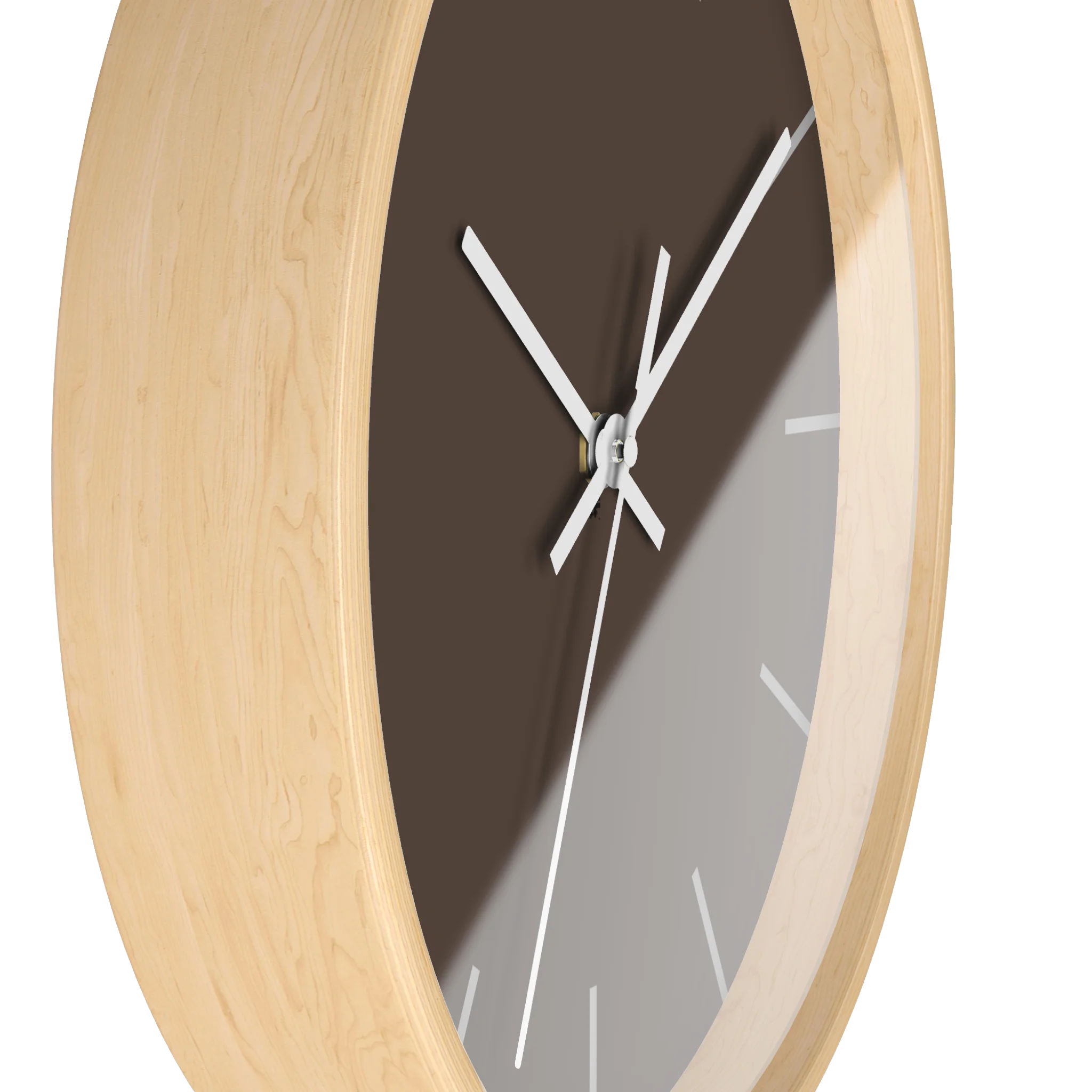 Country brown silent wall clock, wooden base, white hands, off white markers, 10 inch, side view.