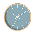 Danish blue minimalist wall clock with natural wooden base, white hands, and white markers, front view.