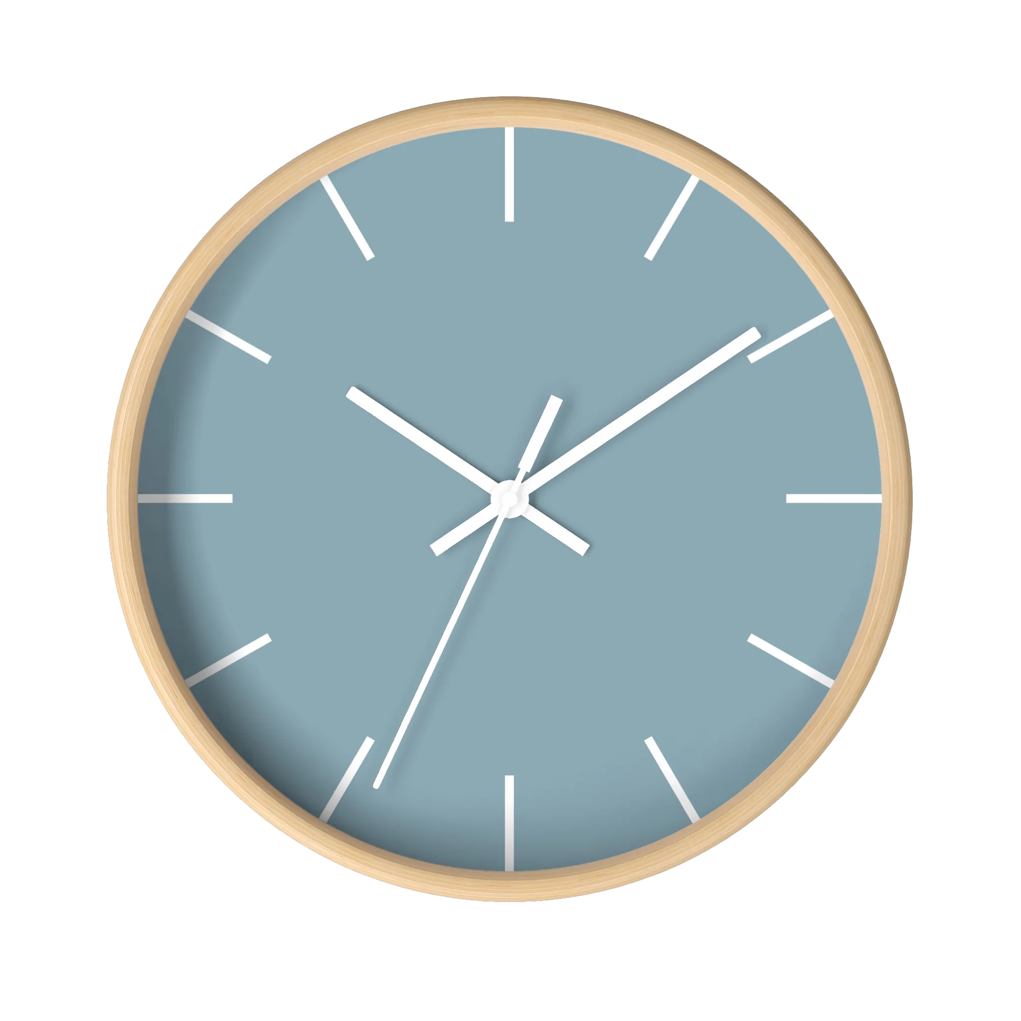 Danish blue minimalist wall clock with natural wooden base, white hands, and white time markers, front view.