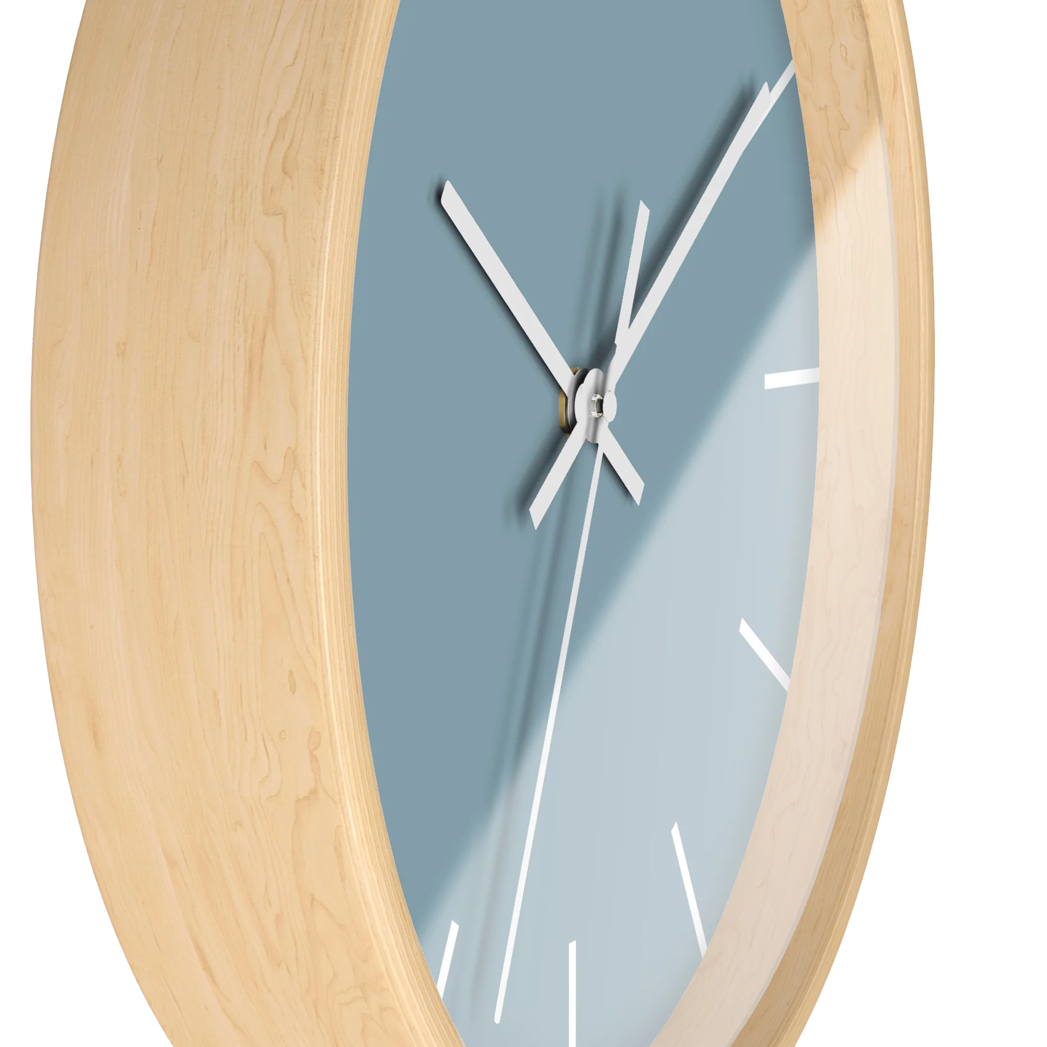 Danish blue minimalist wall clock with natural wooden base, white hands, and white time markers, side view.