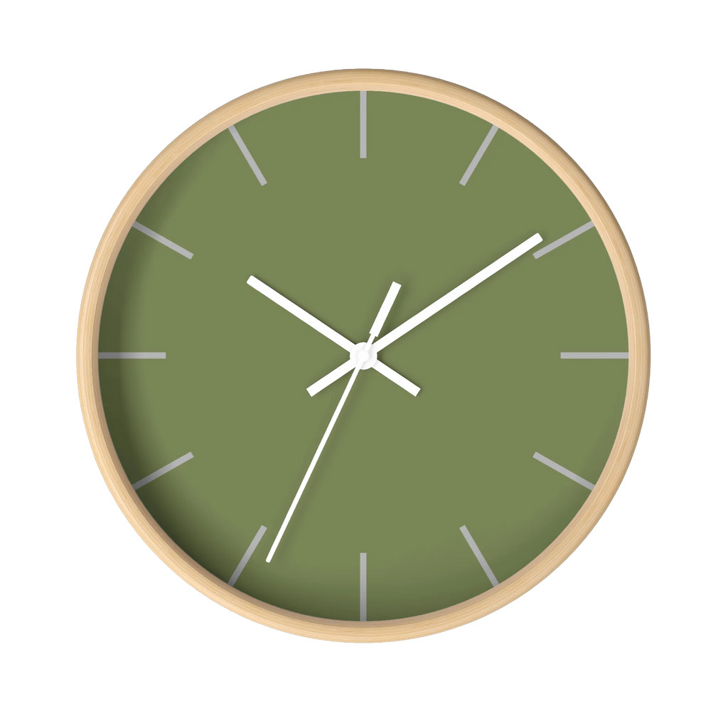 Dark sage olive green silent wall clock, wooden base, white hands, light grey markers, 10 inch, front view.