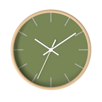 Dark sage olive green silent wall clock, wooden base, white hands, light grey markers, 10 inch, front view.