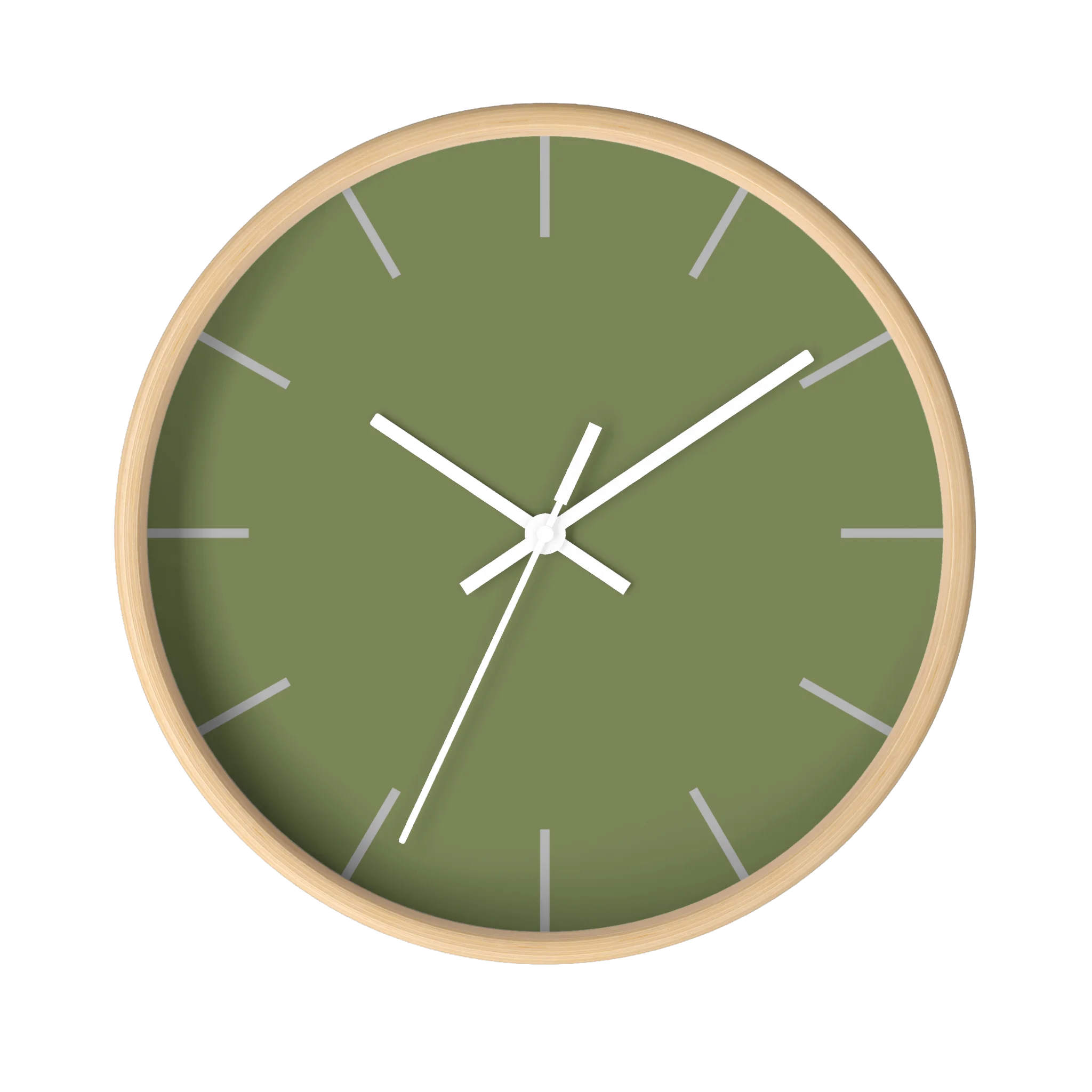Dark sage olive green silent wall clock, wooden base, white hands, light grey markers, 10 inch, front view.