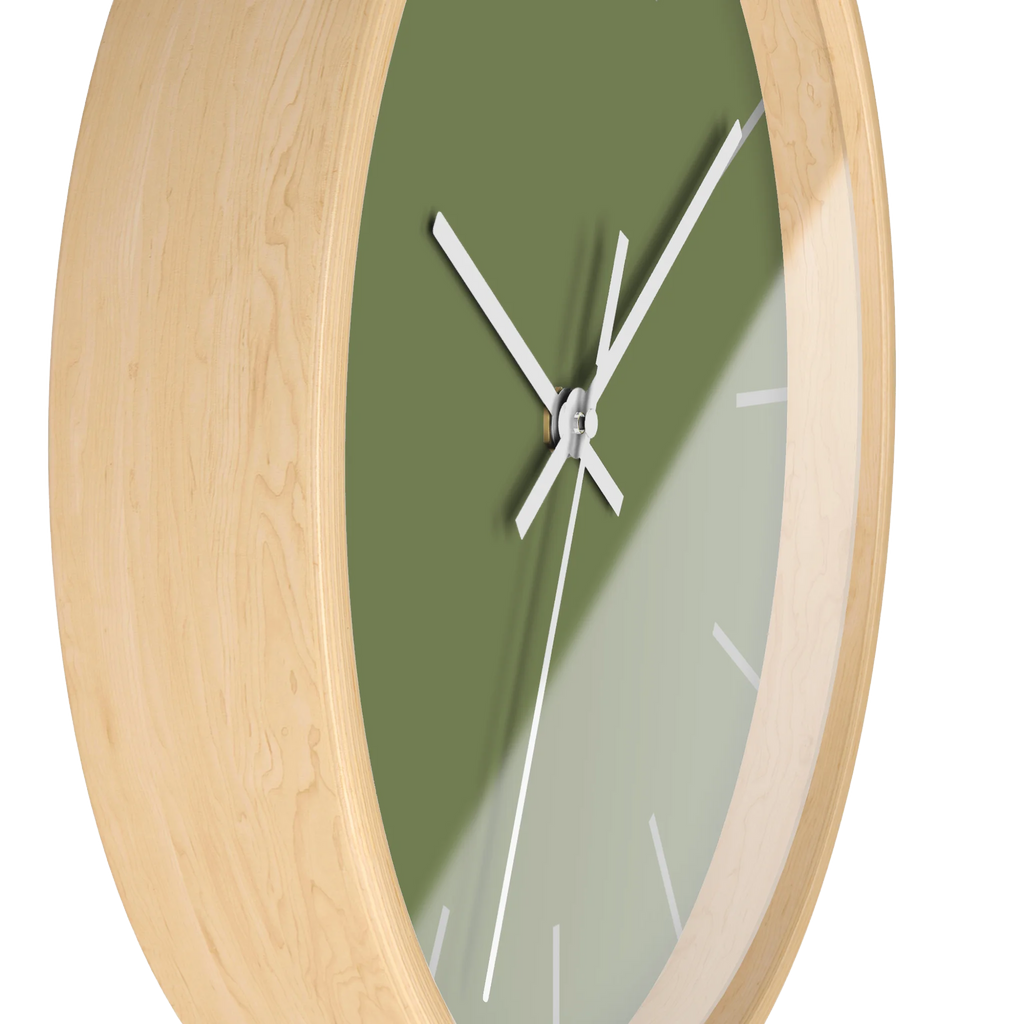 Dark sage olive green silent wall clock, wooden base, white hands, light grey markers, 10 inch, side view.