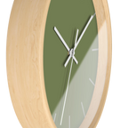 Dark sage olive green silent wall clock, wooden base, white hands, light grey markers, 10 inch, side view.