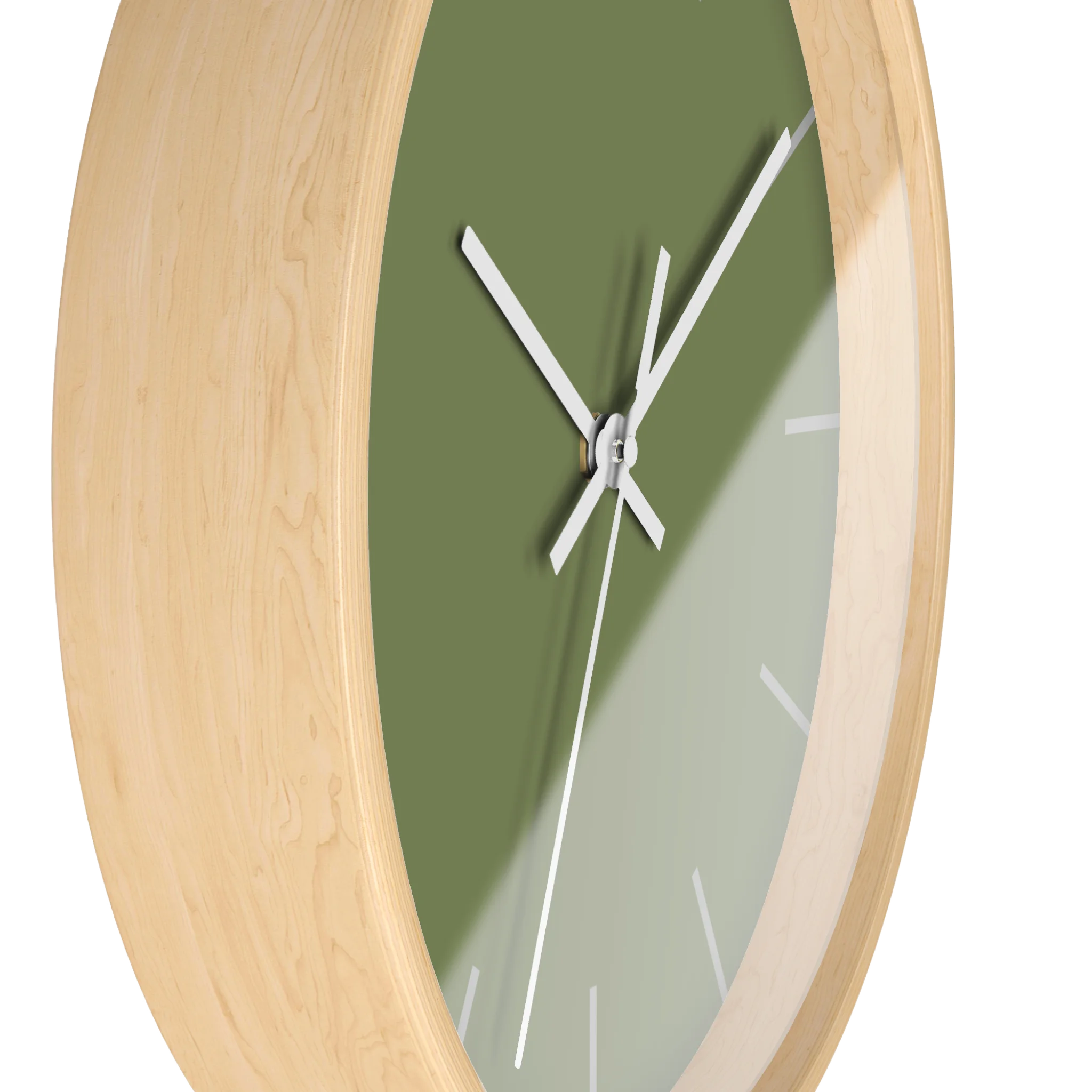 Dark sage olive green silent wall clock, wooden base, white hands, light grey markers, 10 inch, side view.