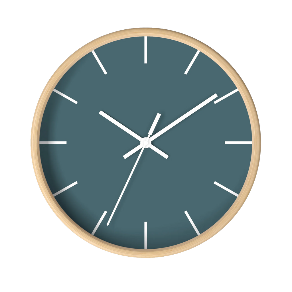 Deep space sparkle teal silent wall clock, wooden base, white hands, white markers, 10 inch, front view.