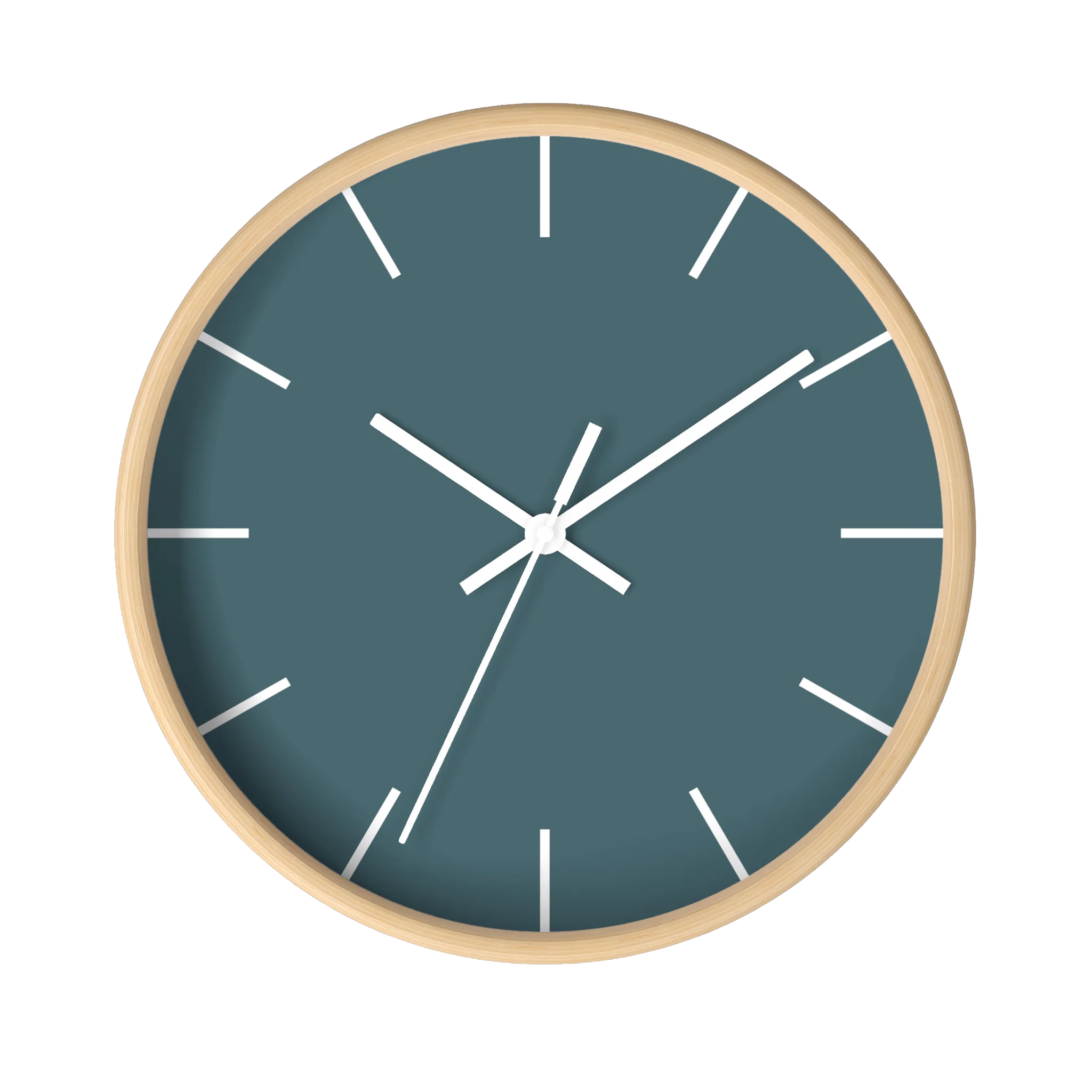 Deep space sparkle teal silent wall clock, wooden base, white hands, white markers, 10 inch, front view.