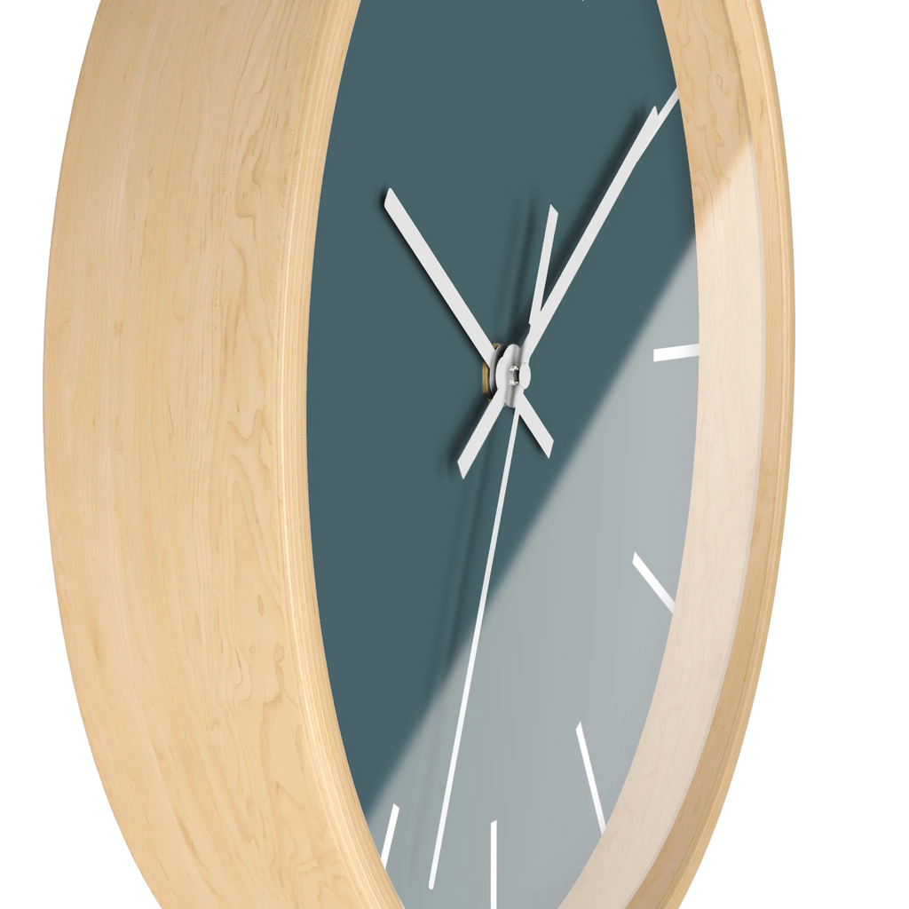 Deep space sparkle teal silent wall clock, wooden base, white hands, white markers, 10 inch, side view.