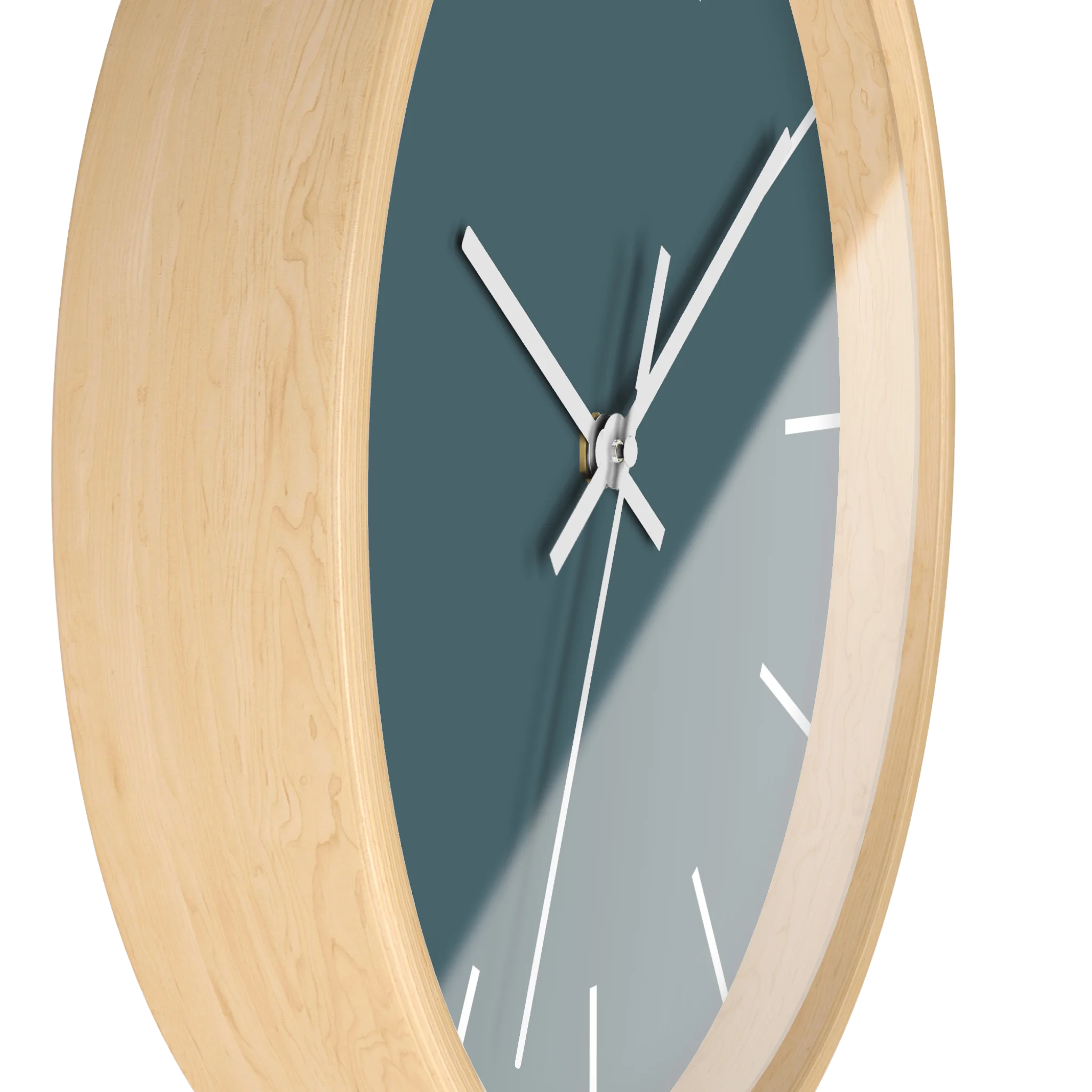 Deep space sparkle teal silent wall clock, wooden base, white hands, white markers, 10 inch, side view.