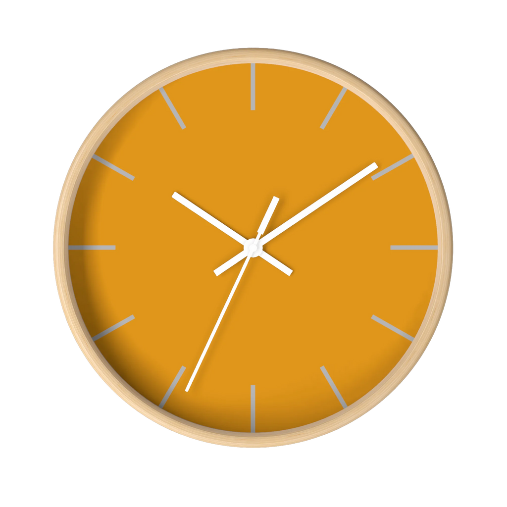 Dixie orange silent wall clock, wooden base, white hands, light grey markers, 10 inch, front view.