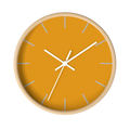 Dixie orange silent wall clock, wooden base, white hands, light grey markers, 10 inch, front view.