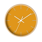 Dixie orange silent wall clock, wooden base, white hands, light grey markers, 10 inch, front view.